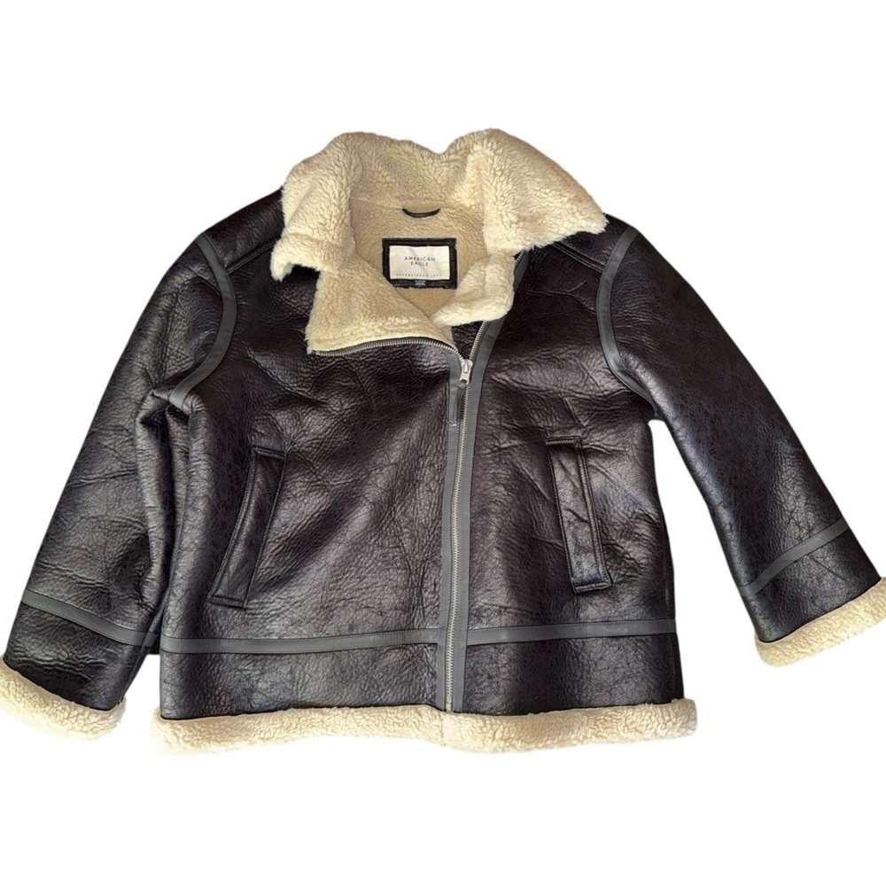 American Eagle AE Oversized Vegan Shearling Moto Jacket Black XL - Picture 7 of 16